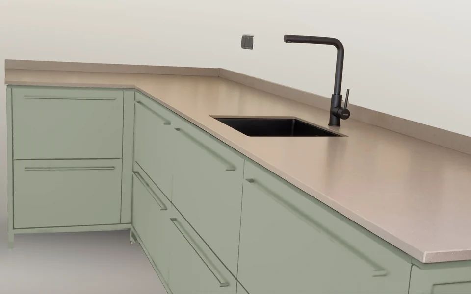 Buitenkeuken met lichtgroene fronten, impressie van de kleur
