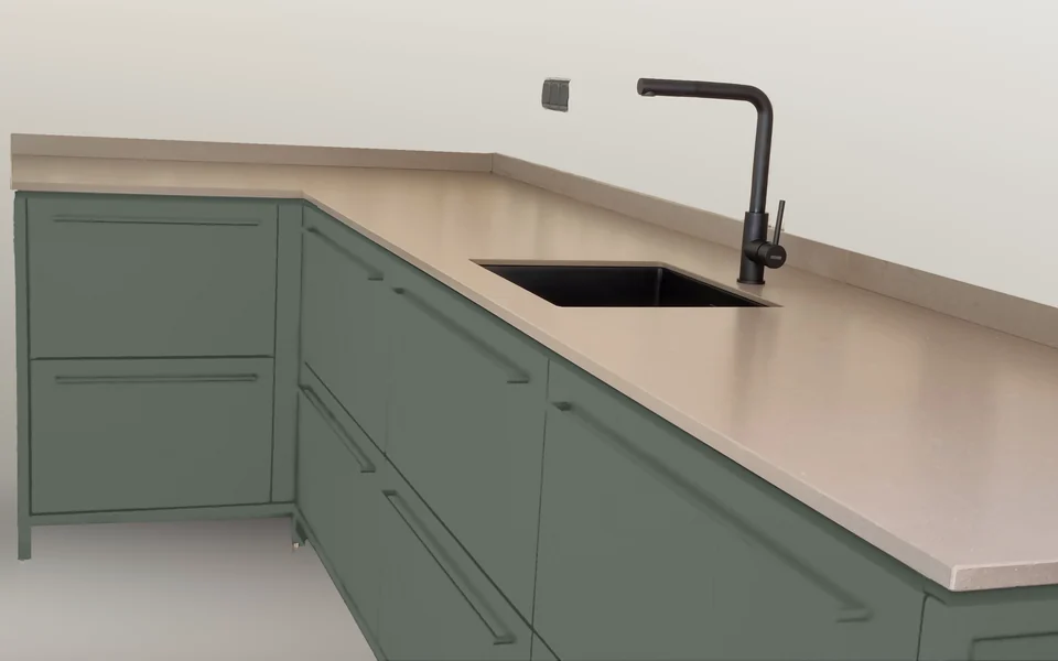 Buitenkeuken met saliegroene fronten, impressie van de kleur