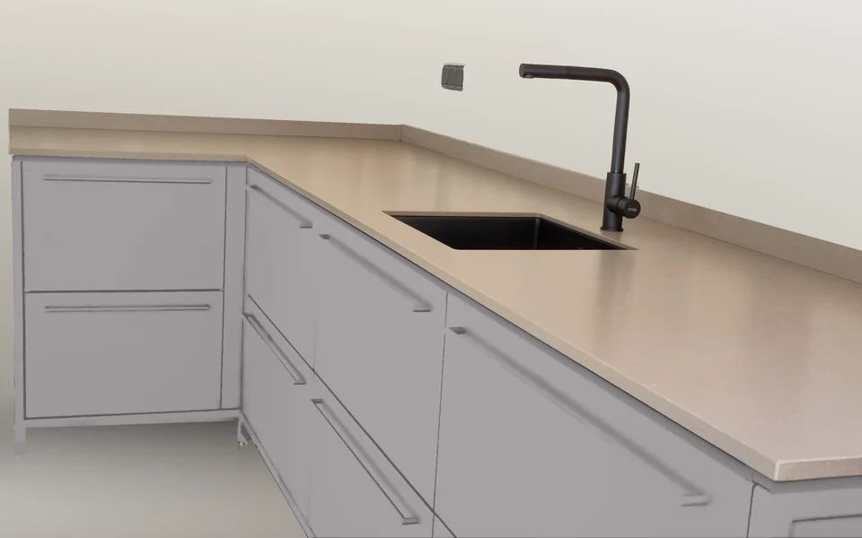 Buitenkeuken met taupe fronten, impressie van de kleur